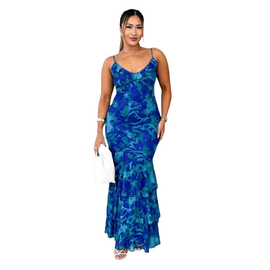 Damen körperbetontes Maxikleid mit Rüschendetails und Spaghettiträgern EB