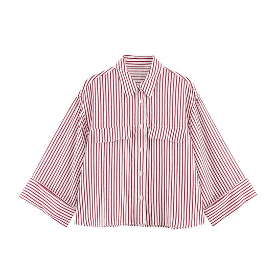 Damen gestreifte Bluse mit voluminösen Ärmeln und praktischen Taschen EB