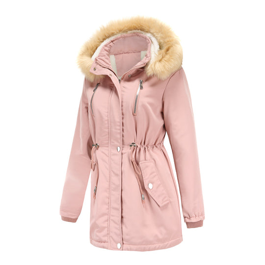 Damen modische Outdoor-Jacke mit abnehmbarem Kunstfellkragen und elastischem Taillenzug EB