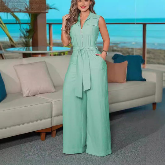 Damen Luftiger Jumpsuit mit Gürtel und Taschen EB