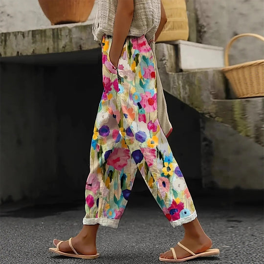 Damen Weite Sommerhose mit floralem Design und praktischen Taschen EB