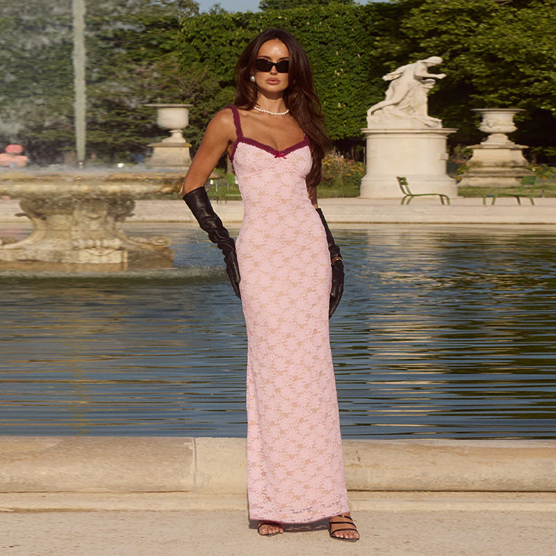 Damen Elegantes Spitzenmaxikleid mit feinem Trägerdesign EB
