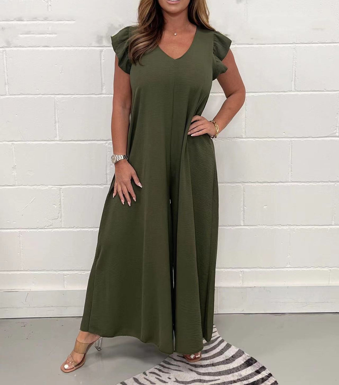 Damen luftiger Jumpsuit mit weit geschnittenem Bein und V-Ausschnitt EB