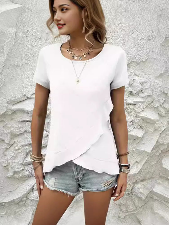 Damen lässiges asymmetrisches T-Shirt mit Rundhalsausschnitt und Raffung EB