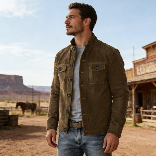 Herren nan klassische Velourslederjacke mit Stehkragen, Knopfleiste und aufgesetzten Brusttaschen EB
