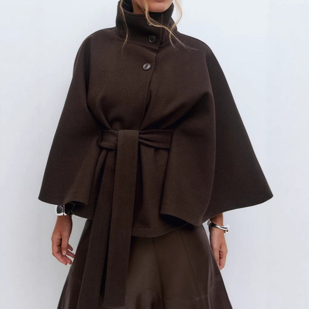 Damen nan kastiges Kurzcape Mantel mit Stehkragen und Bindegürtel EB