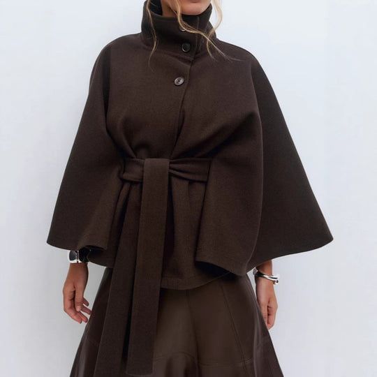 Damen nan kastiges Kurzcape Mantel mit Stehkragen und Bindegürtel EB