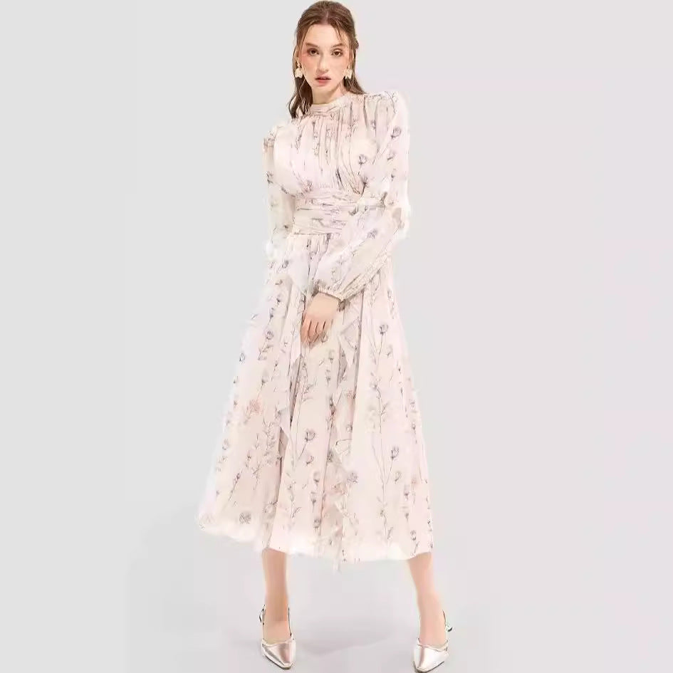 Damen Midi-Kleid mit floralen Stickereien und elegantem Rüschensaum EB