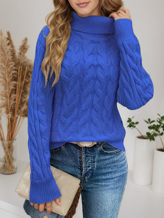 Damen Strickpullover mit hohem Kragen und Zopfmuster EB