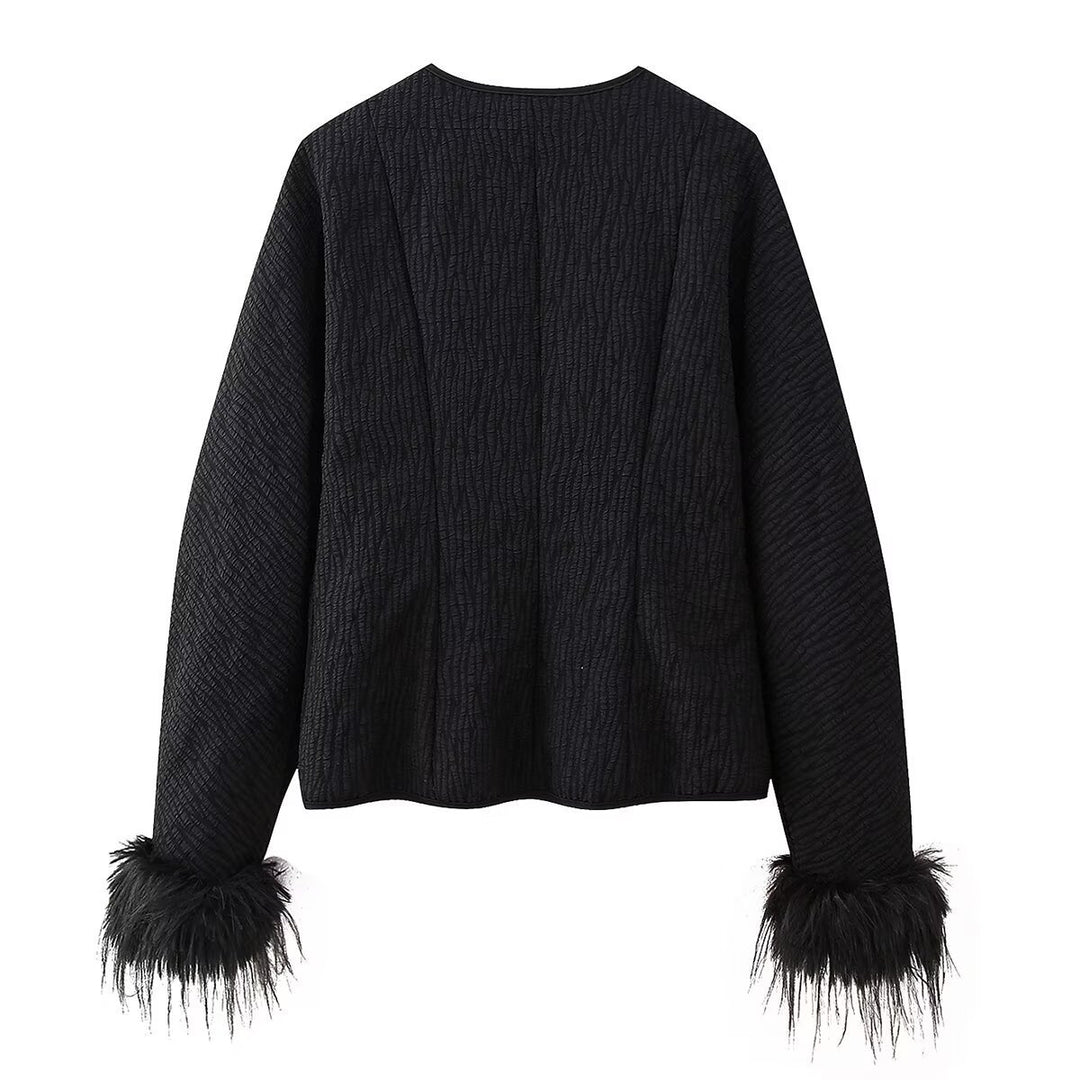 Damen modische Steppjacke mit raffiniertem Bindegürtel und eleganten Fuchsfell-Ärmeln EB