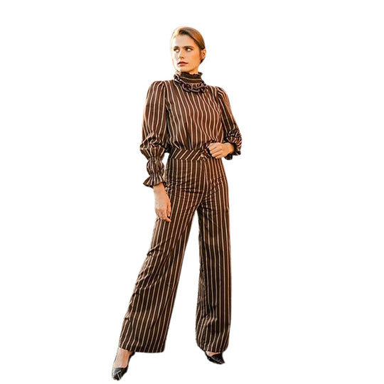 Damen gestreiftes Hosenanzug-Set mit voluminösen Ärmeln und Rüschendetails EB