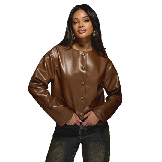 Damen Kunstlederjacke mit glänzendem Finish und dekorativen Knöpfen EB