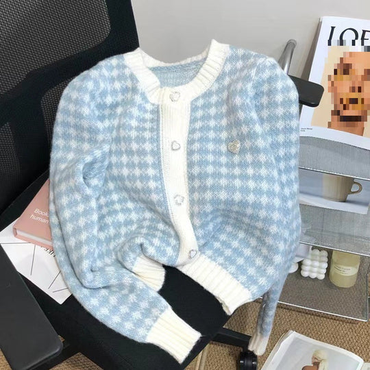 Damen weicher Cardigan mit strukturiertem Karomuster und Herzen EB