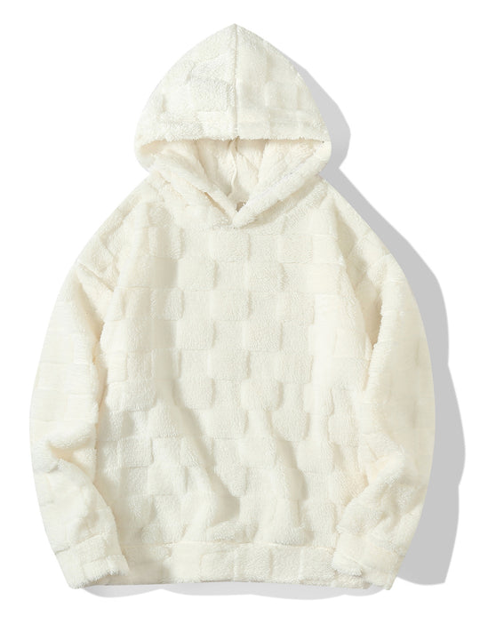 Damen nan Oversize-Plüschhoodie mit Karomuster, Kapuze und weichem Teddyfutter EB