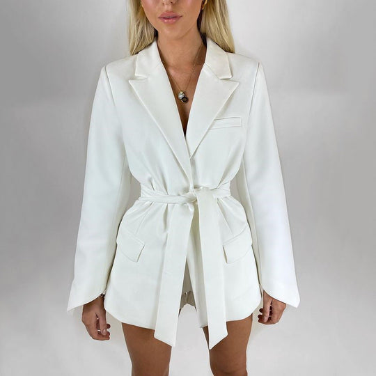 EB | Blazer Longline Tailored Fit Selbstbinder Taille Revers Taschen