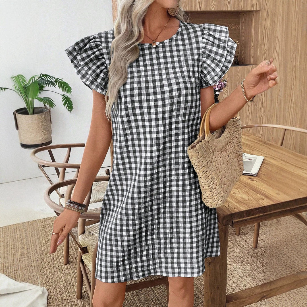 Damen Kurzarmkleid im modernen Vichy-Design mit Rüschendetails EB