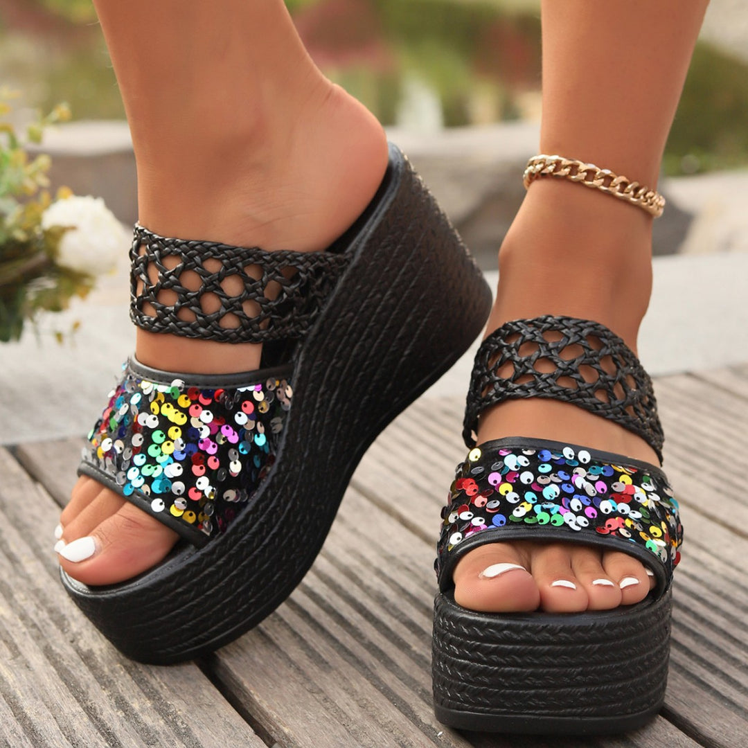 Damen Wedge-Pantoletten mit glitzernden Pailletten und raffiniertem Obermaterial EB