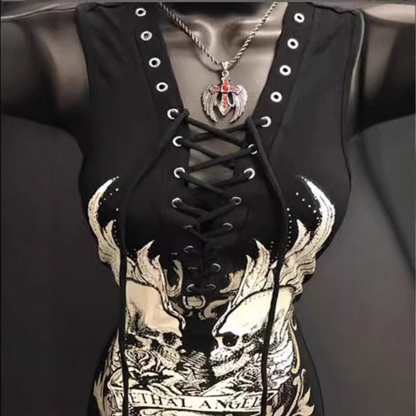 Damen Rockabilly Kleid mit Schnüroptik und grafischem Print EB