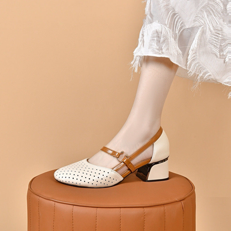 Damen Elegante Mary Jane Pumps mit modischem Blockabsatz und perforierten Details EB