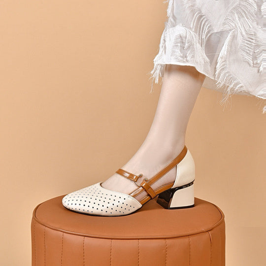 Damen Elegante Mary Jane Pumps mit modischem Blockabsatz und perforierten Details EB