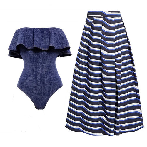 Damen Bandeau Badeanzug mit dekorativen Schleifen und gestreiftem Maxiröckchen EB