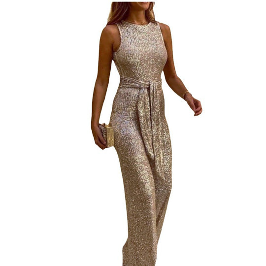 Damen Glamouröses Maxikleid mit glänzendem Paillettenbesatz und eleganter Taillenbindung EB