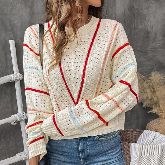 Damen Strickpullover mit modernem Lochmuster und dekorativen Streifen EB