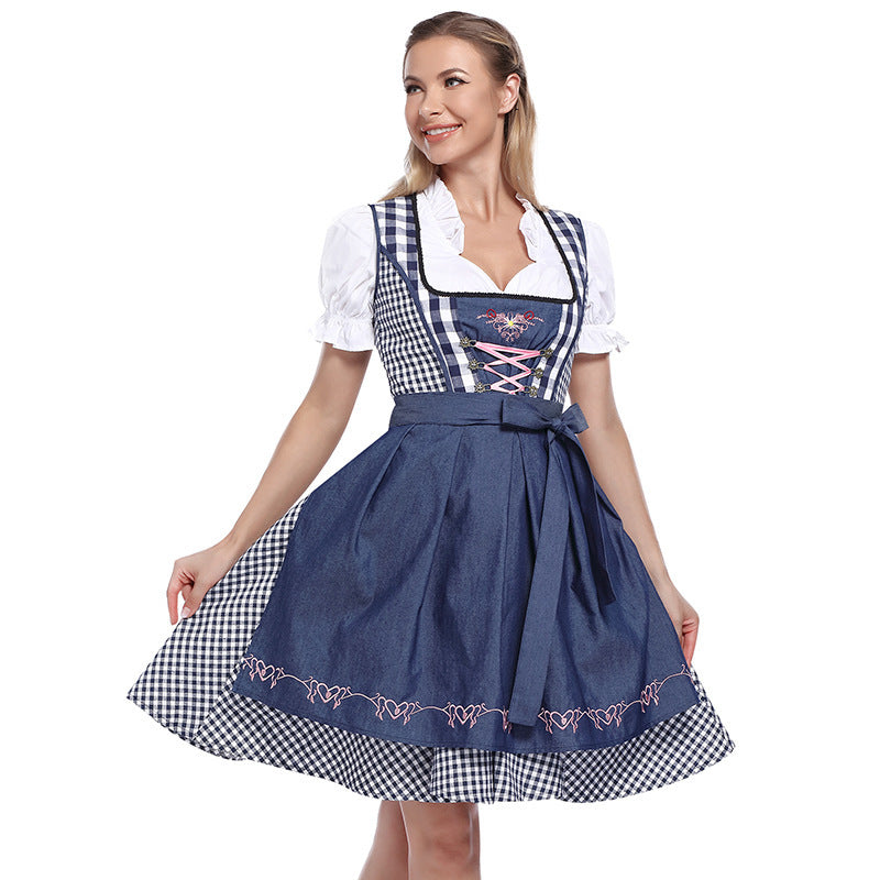 Damen nan klassisches Trachten-Dirndlkleid mit geschnürtem Mieder, herzbestickter Schürze und Vichy-Karo Rock EB