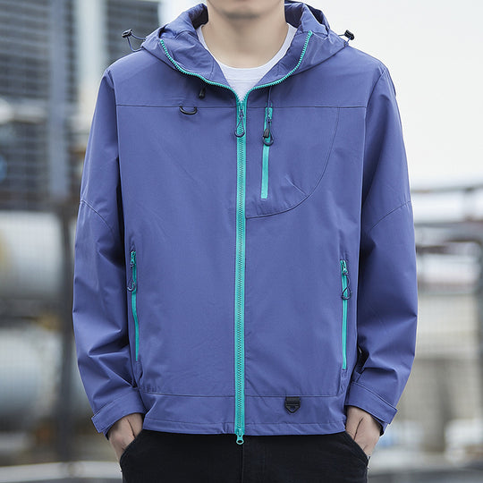 Herren leichte Urban-Softshell-Kapuzenjacke mit kontrastierenden Reißverschlüssen, Brusttasche und verstellbarem Kordelzugsaum EB