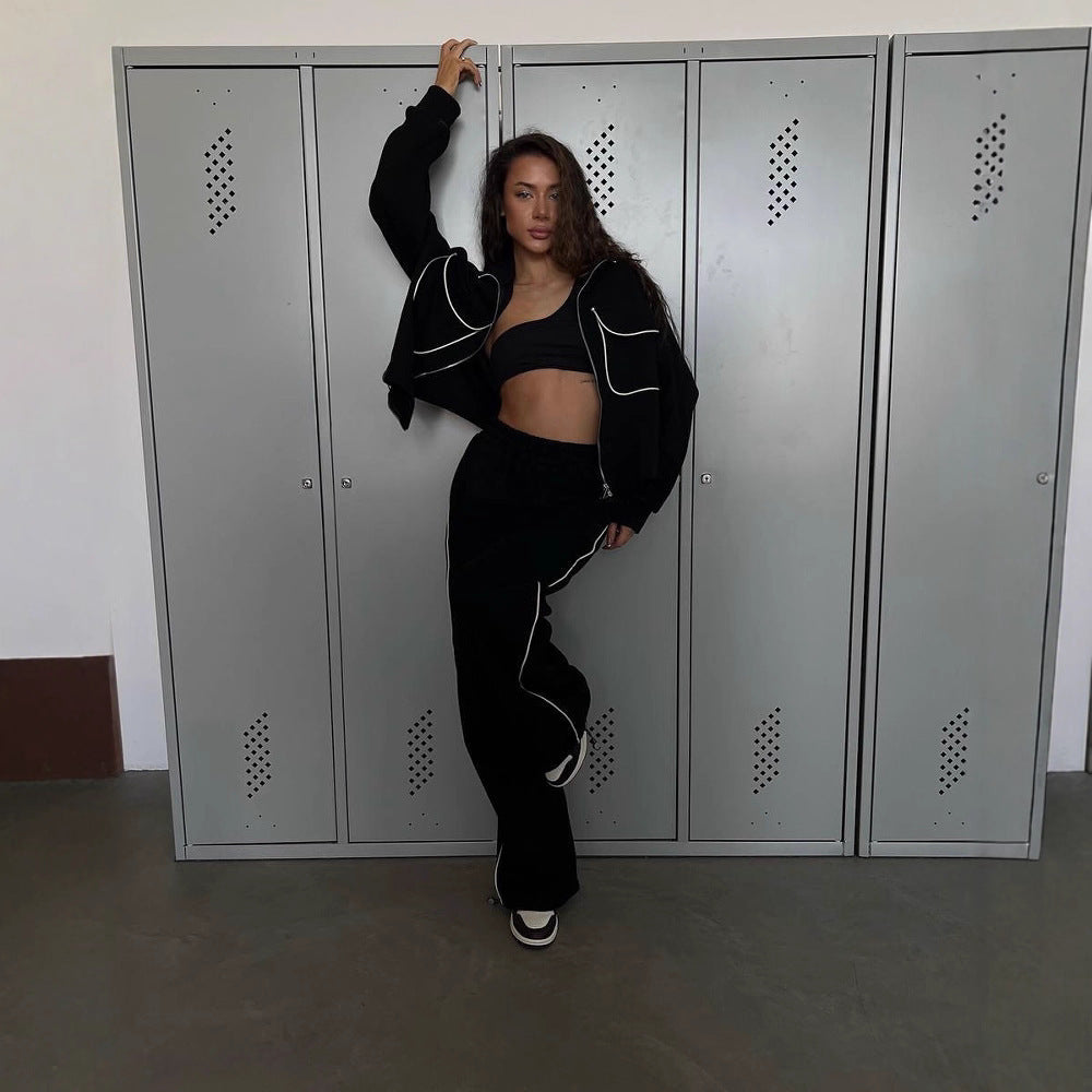 Damen sportliches Fleece-Set mit modischen Kontrasten und praktischen Taschen EB