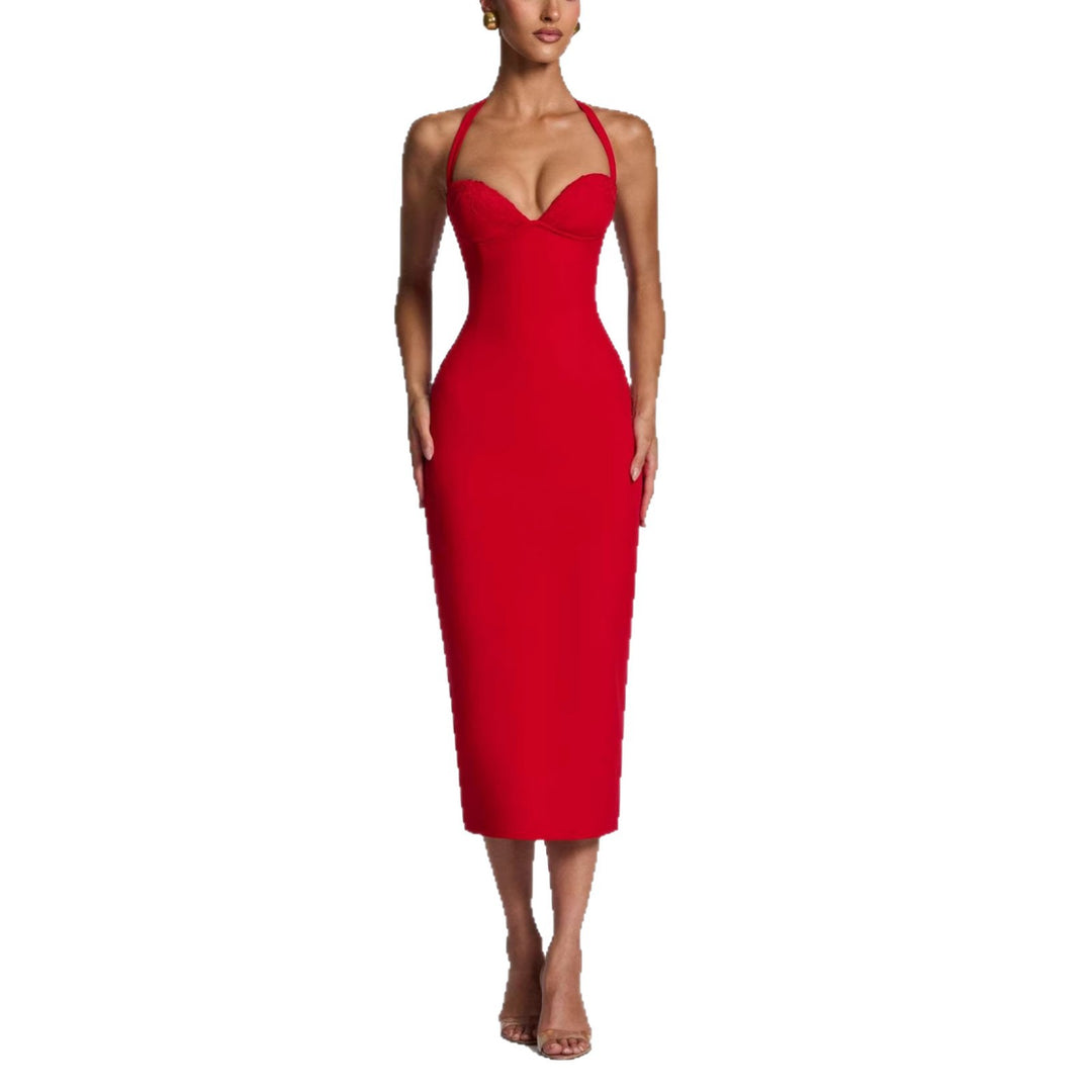 Damen Figurbetontes Midi-Kleid mit Herzausschnitt und verstellbaren Trägern EB