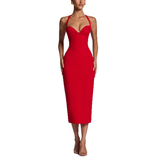 Damen Figurbetontes Midi-Kleid mit Herzausschnitt und verstellbaren Trägern EB