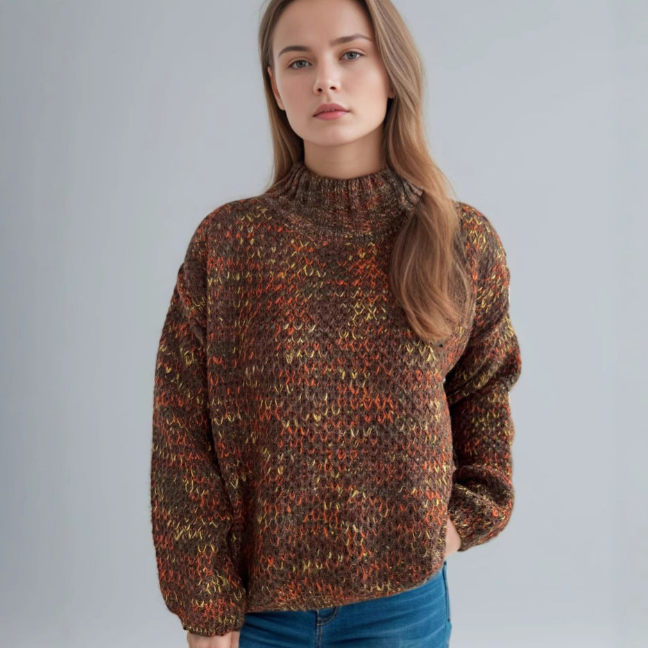 Damen gemütlicher Rollkragenpullover mit modernem Lochstrickdesign EB