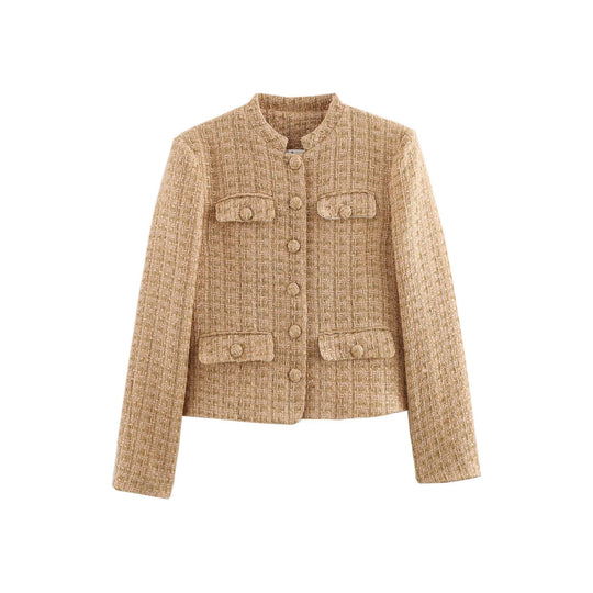 Damen elegante Bouclejacke mit goldenen Knöpfen und aufgesetzten Taschen EB