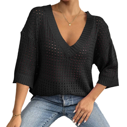 Damen luftiger Strickpullover mit V-Ausschnitt und dekorativem Lochmuster EB