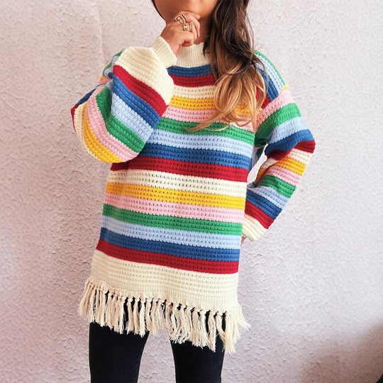 Damen entzückender Pullover mit Fransen und buntem Streifenmuster EB   