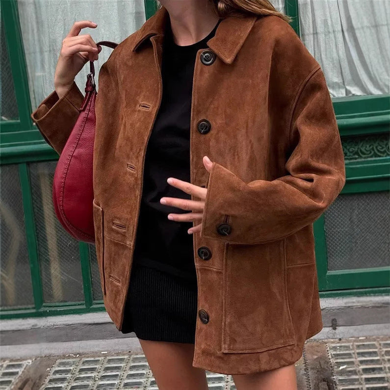 Damen modische Wildlederjacke im lässigen Oversized-Schnitt EB