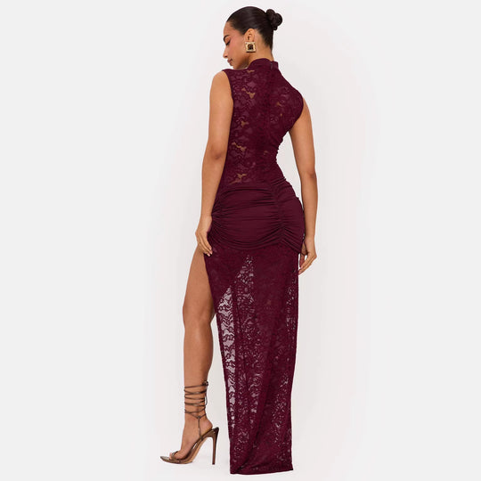 Damen Elegantes Spitzenkleid mit tiefem V-Ausschnitt und drapiertem Saum EB