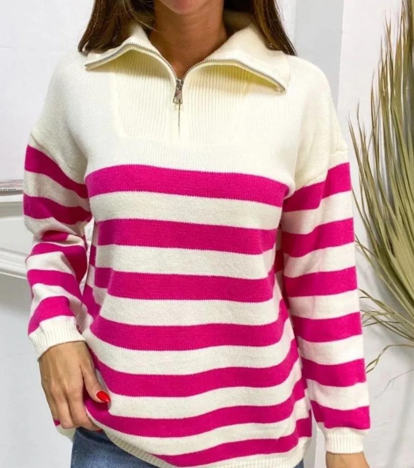 Damen gemusterter Pullover mit Stehkragen und Reißverschluss EB