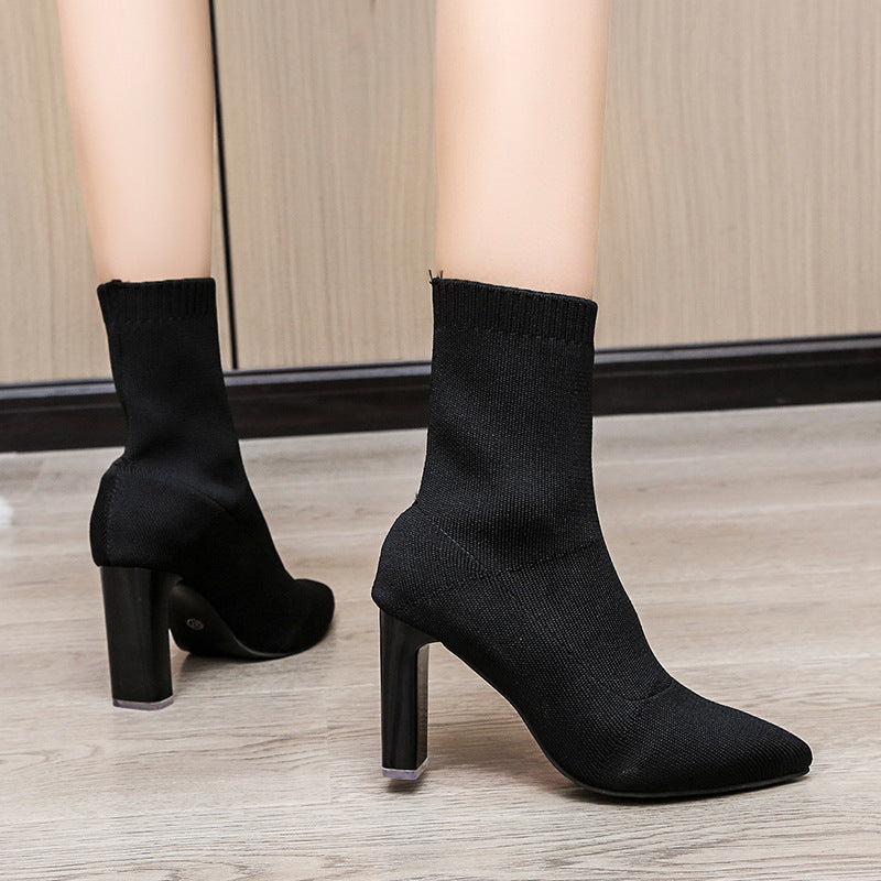 Damen nan gestrickte Sock-Ankleboot mit spitzer Zehenpartie und skulpturellem Blockabsatz EB