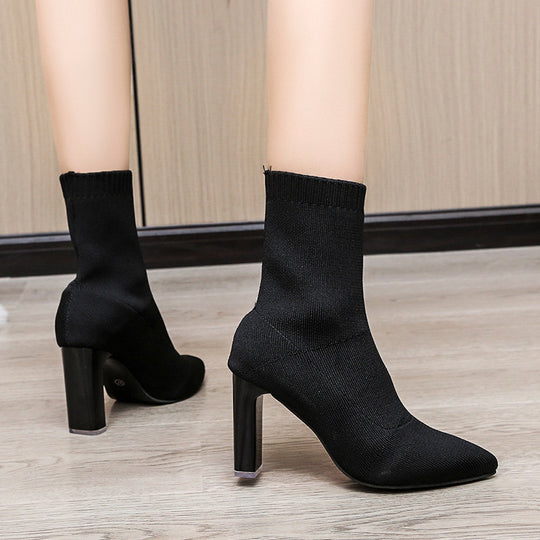 Damen nan gestrickte Sock-Ankleboot mit spitzer Zehenpartie und skulpturellem Blockabsatz EB