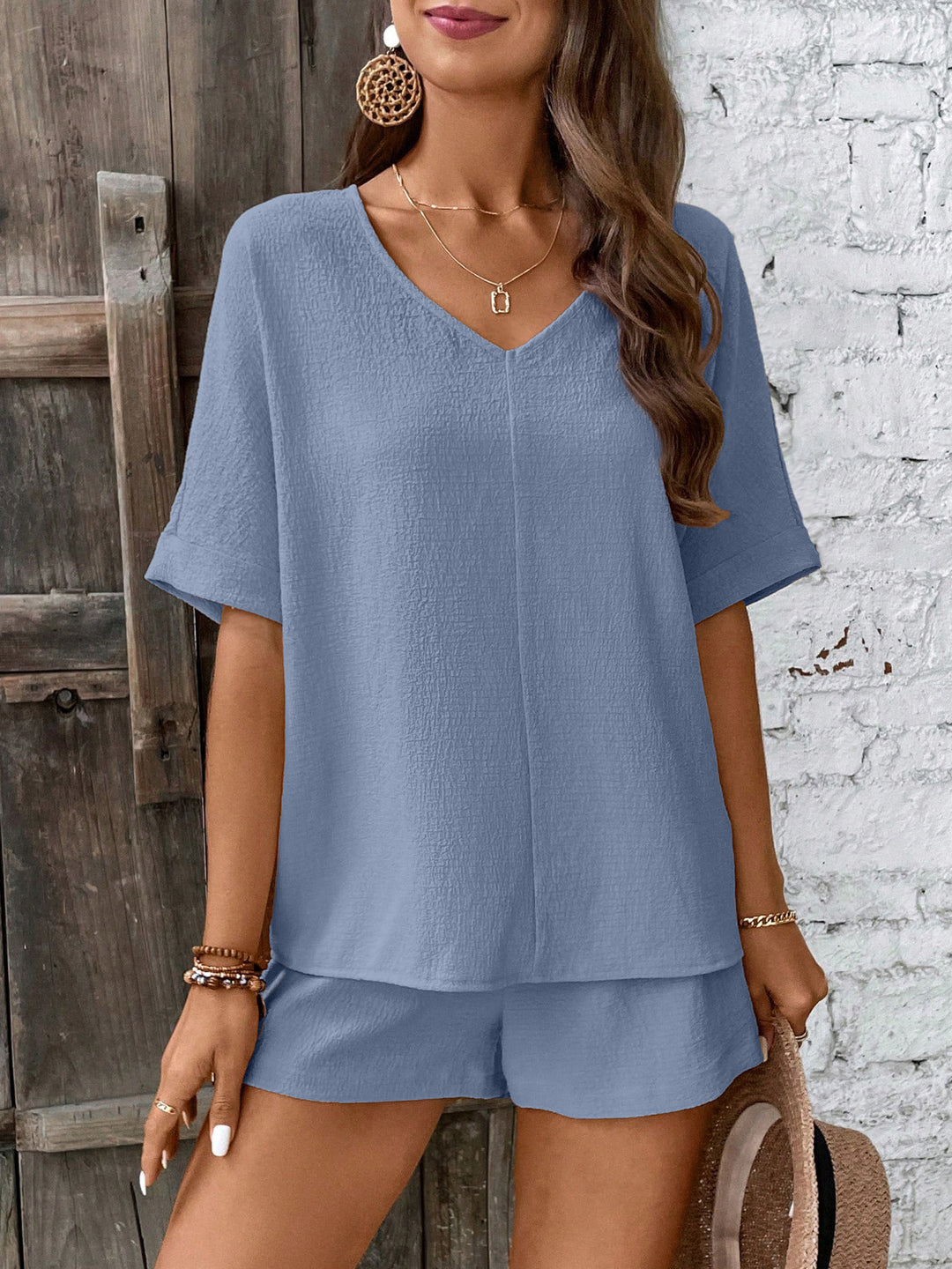 Damen Bequeme V-Ausschnitt Bluse mit Shorts EB