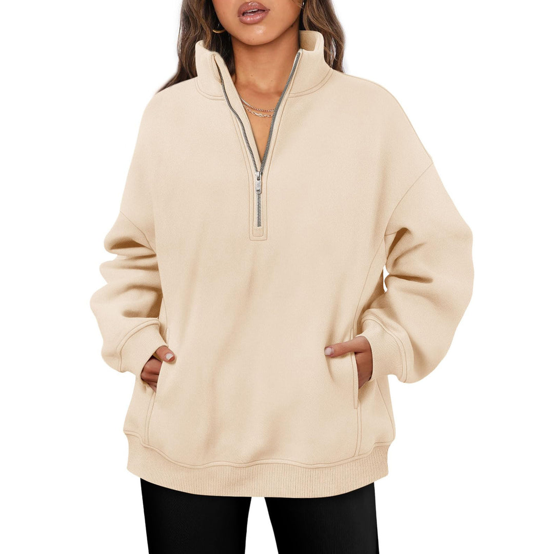 Damen nan oversized Halbzip-Pullover mit Stehkragen, Kängurutasche und Rippbündchen EB