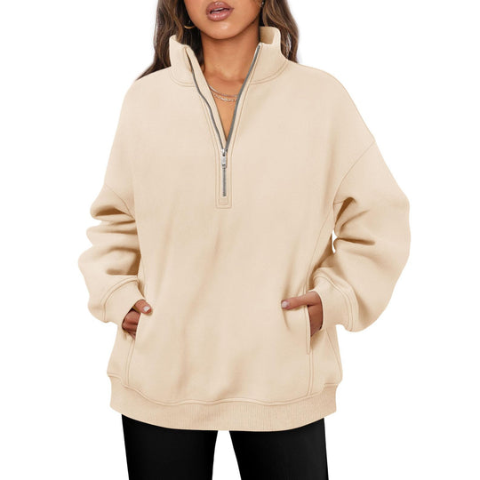 Damen nan oversized Halbzip-Pullover mit Stehkragen, Kängurutasche und Rippbündchen EB