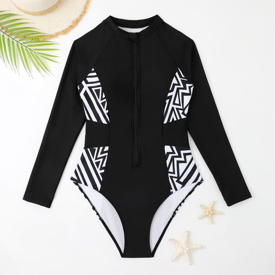 Damen Rashguard Badeanzug mit Reißverschluss und geometrischem Design EB