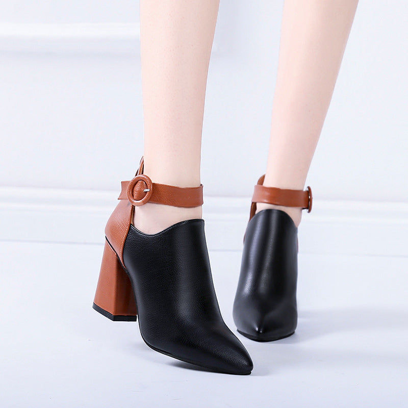 Damen elegante Ankle Boots mit stilvollem Blockabsatz und dekorativem Riemen EB