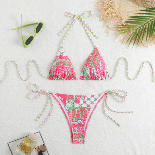 Damen Triangel-Bikini mit floralem Muster und verspieltem Bindeband EB