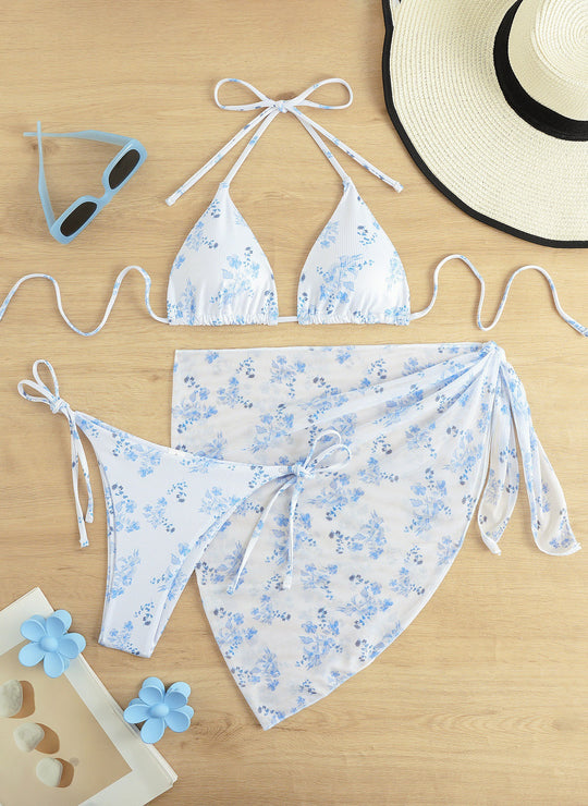 Damen Triangel-Bikini mit floralem Muster und zartem Cover-Up EB