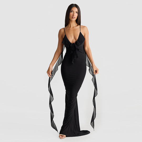 Damen Elegantes Kleid mit fließendem Rüschen-Detail und langen Bändern EB