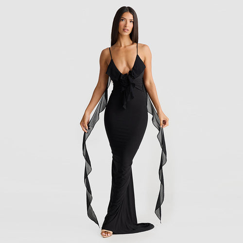Damen Elegantes Kleid mit fließendem Rüschen-Detail und langen Bändern EB